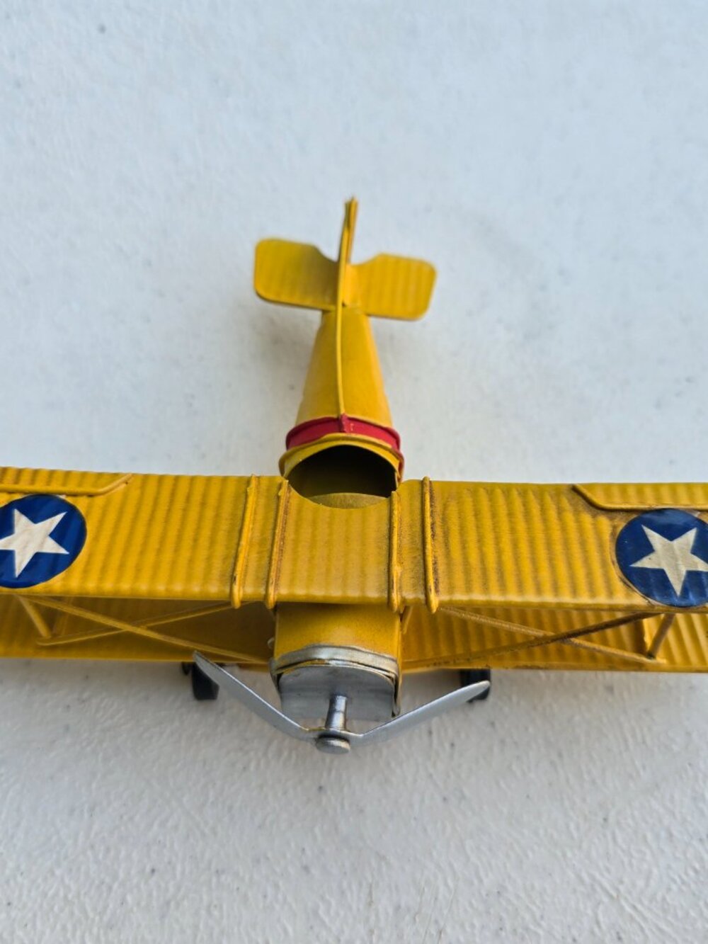 Vintage Style Yellow Tinplate Biplane Model Decorative Metal Airplane Decor GUC